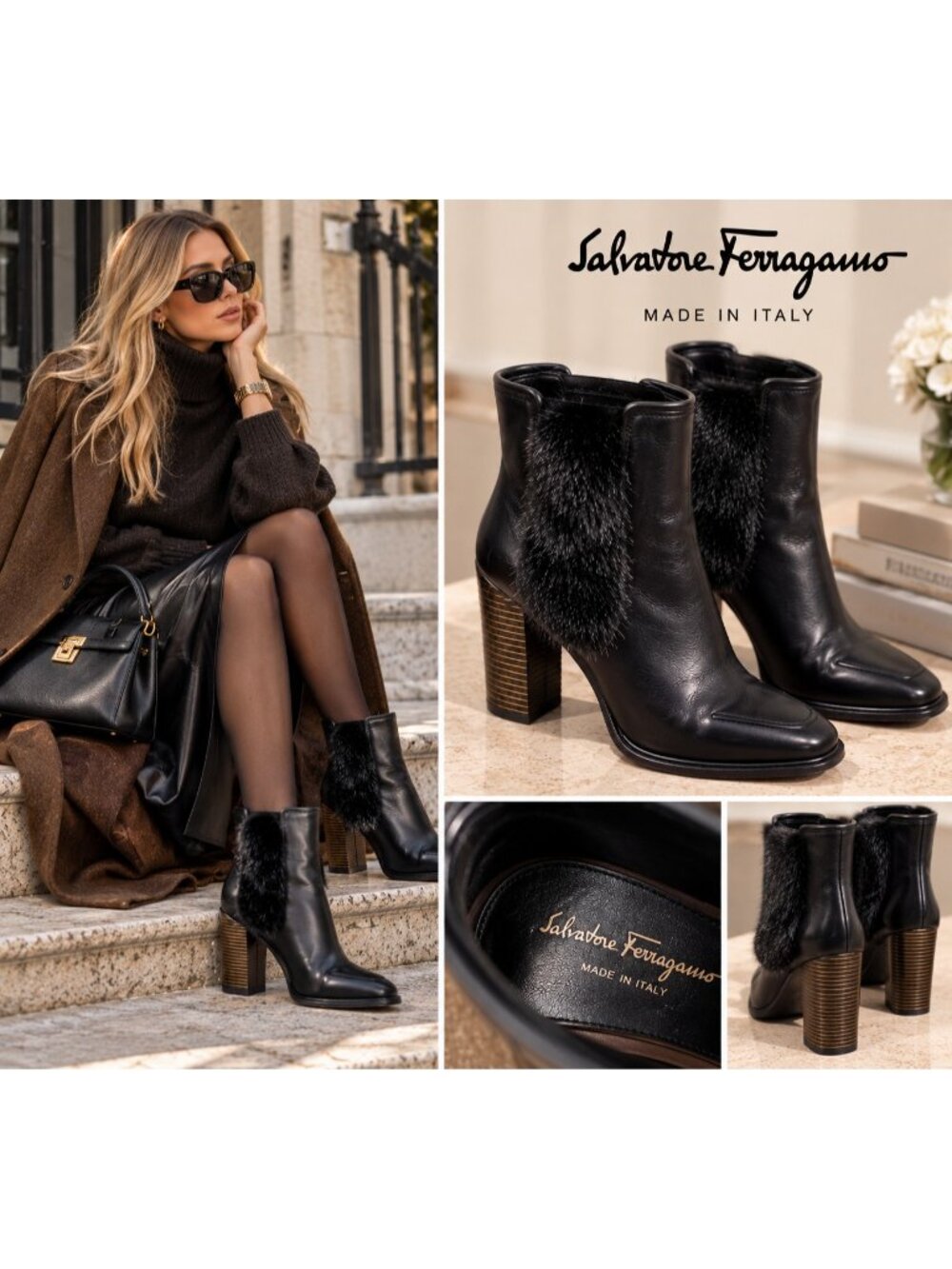 Salvatore Ferragamo Black Leather Genuine Mink Fur Ankle Boots Size 7B Italy